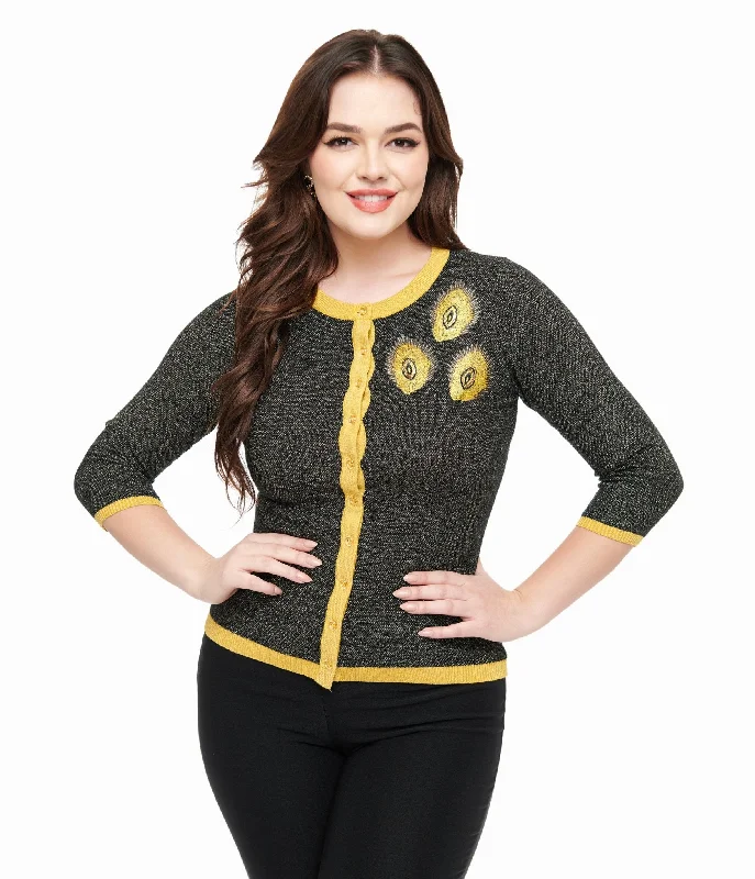 Sophisticated Cut Unique Vintage 1950s Black & Gold Peacock Feather Embroidered Bookworm Cardigan