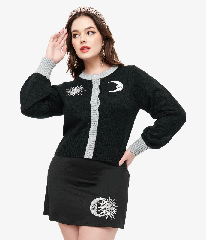 Vibrant Styles Smak Parlour 1960s Black & Silver Celestial Embroidered Cropped Cardigan