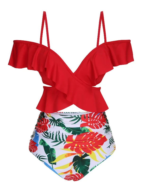 Comfortable Clothes Red 1960s Ruffle Sleeves Tropical Plant Swimsuit