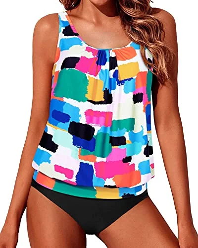 Women's Urban Fashion Push Up Bra Blouson Tankini Swimsuits For Women 2 Piece-Aqua