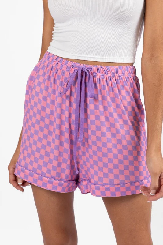 Explore What's New Good To Get Away Light Pink and Lilac Checkered Pajama Shorts