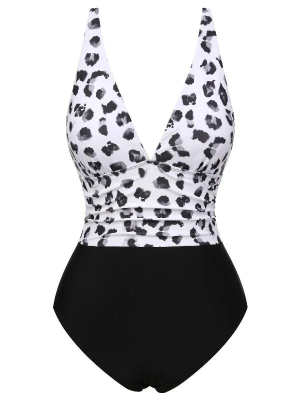 Chic Trend Collection Black 1930s Leopard Patchwork V-Neck Swimsuit