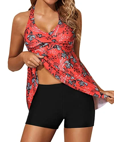 First Order Discount Flattering Twist Front Tankini Swimsuits For Women Shorts-Red Floral