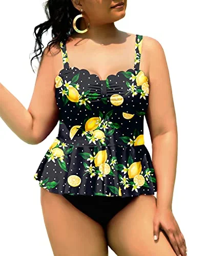 Shop Our Looks Women Peplum Swimwear Scalloped Swimsuits Tummy Control Bathing Suits-Black Lemon