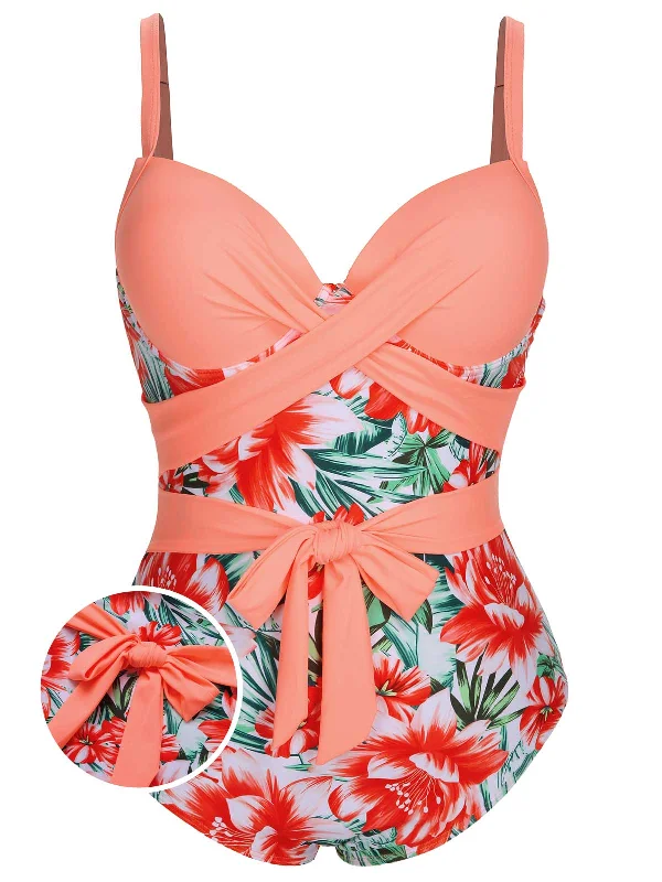 Style Streetwear [Plus Size] 1940s Strap Flowers One-Piece Swimsuit