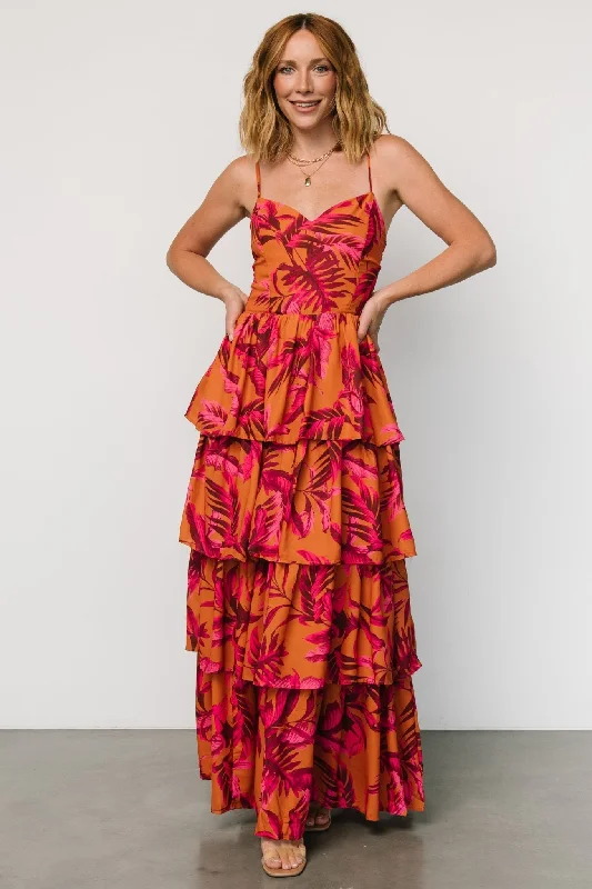 Quick Grab Deals Joree Tiered Maxi Dress | Ginger + Fuschia Multi