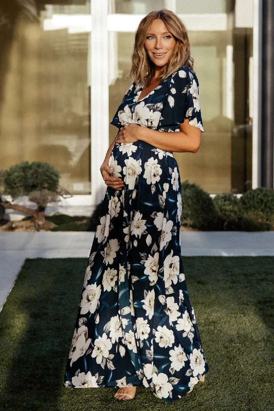 Y2K Nostalgic Fashion Look Verona Smocked Maxi Dress | Navy + White Floral