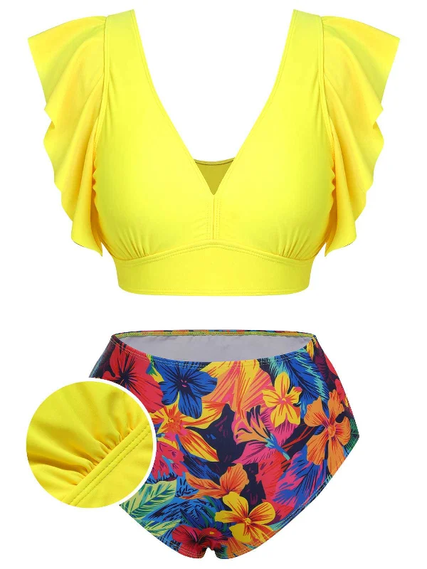 Redefining Women's Fashion [Plus Size] Yellow 1940s Ruffles Floral Swimsuit