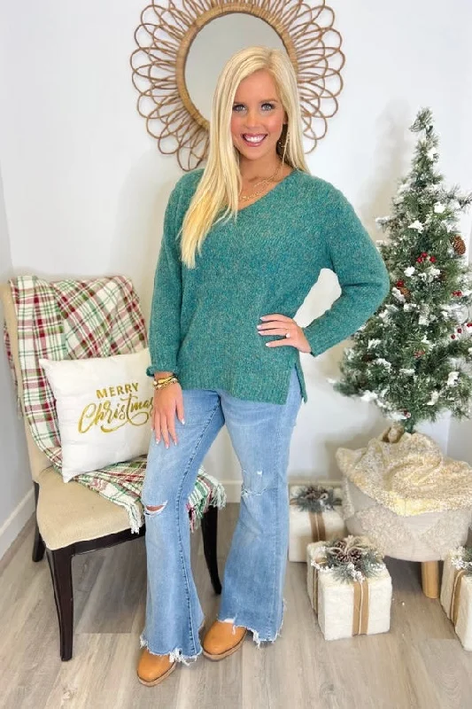 Limited Time Offer Green V-Neck Two Tone Sweater