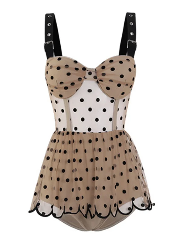 Sophisticated Outfits 1960s Polka Dot Ruffled Skirted Swimsuit