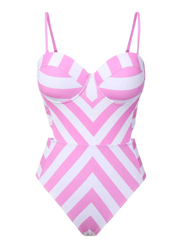 Chic Wardrobe Pink 1940s Striped Bandeau One-Piece Swimsuit