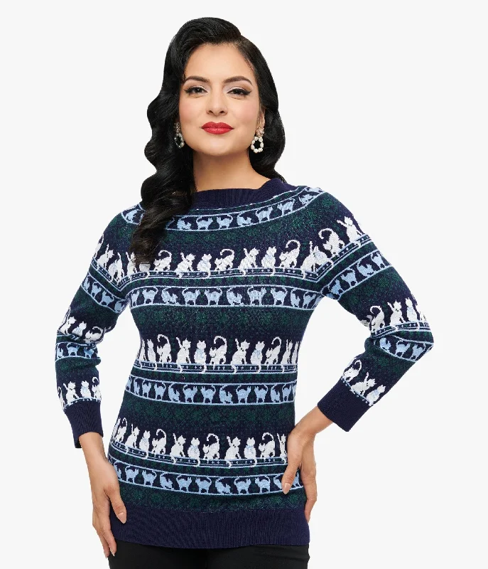 Rustic Countryside Charm Look Unique Vintage 1940s Navy & White Cat Pattern Lorelai Sweater