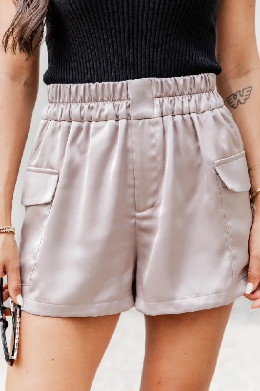 Fresh Styles, Fresh Deals The Right Move Taupe Satin Cargo Shorts FINAL SALE