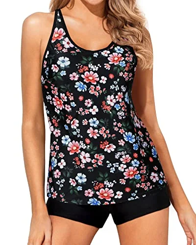 Graceful Fashion Tummy Control & Modest Coverage Our Tankini Swimsuits For Women-Black Flowers