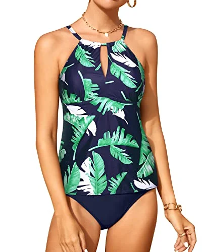 Day-To-Night Styles Tankini Bathing Suits For Women High Waisted Bottom 2 Piece Swimsuit For Women-Blue Leaf