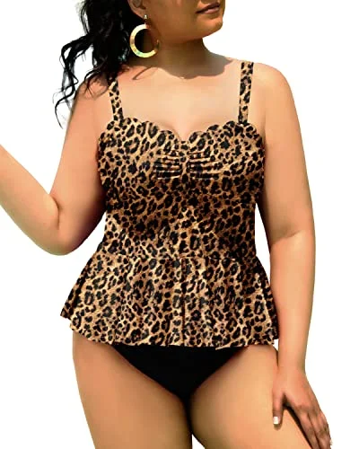 Hot Deals Women Plus Size 2 Piece Tankini Swimsuits Tummy Control Bathing Suits-Black And Leopard