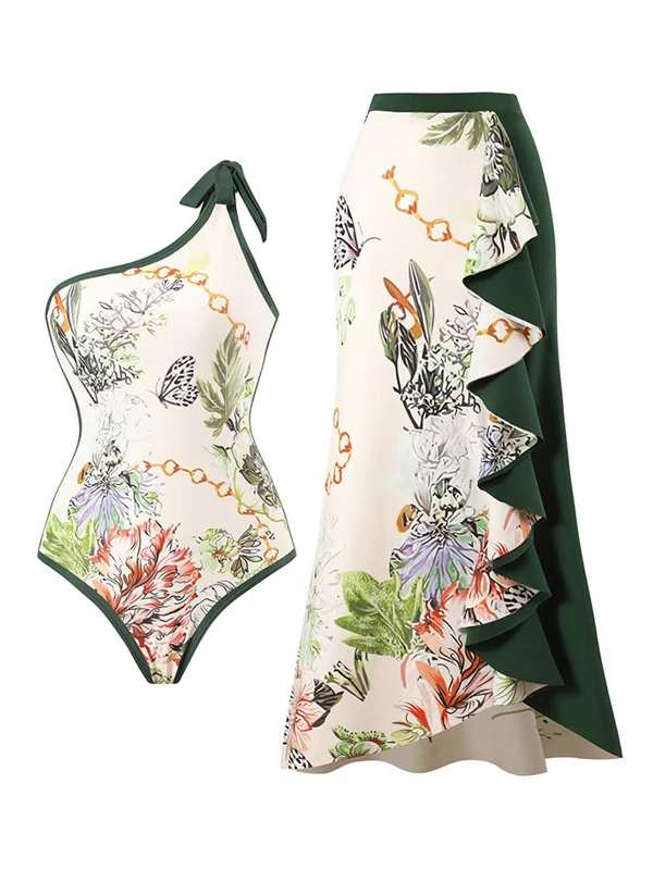 Style Redefined 1940s Floral One Shoulder Swimsuit & Cover Up