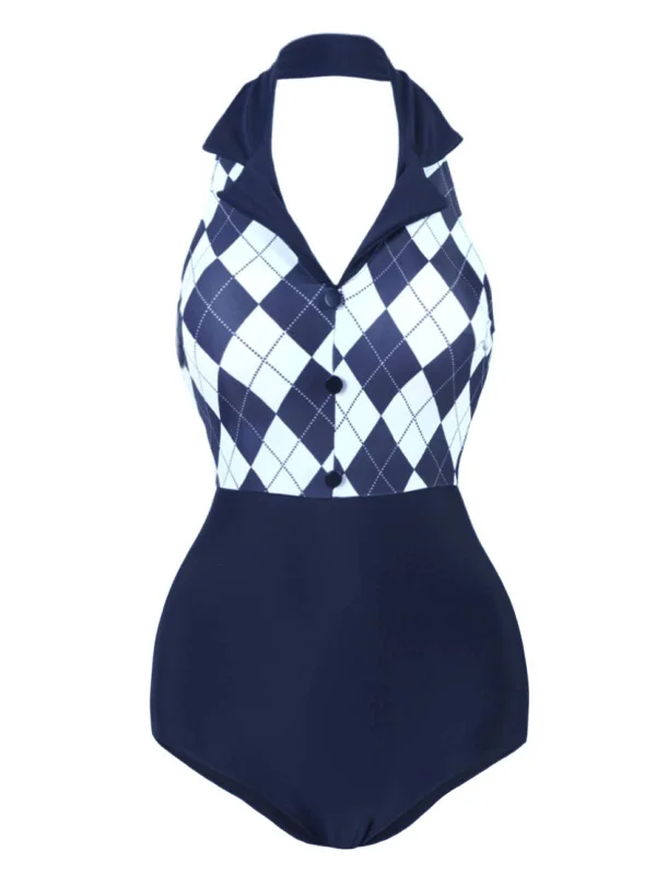 Stylish Savings Navy Blue 1930s Halter Plaid One-Piece Swimsuit