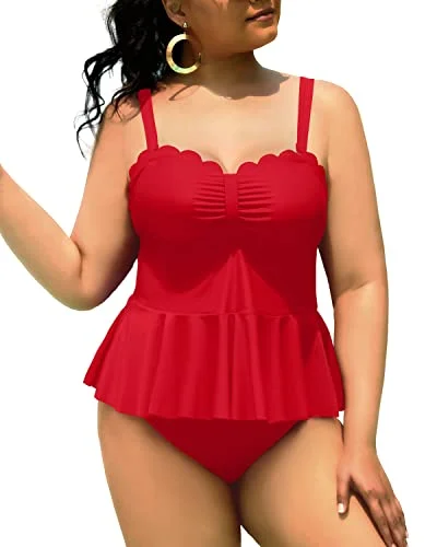 Summer Fashion Two Piece Tankini Swimsuits For Women Plus Size Tummy Control-Red