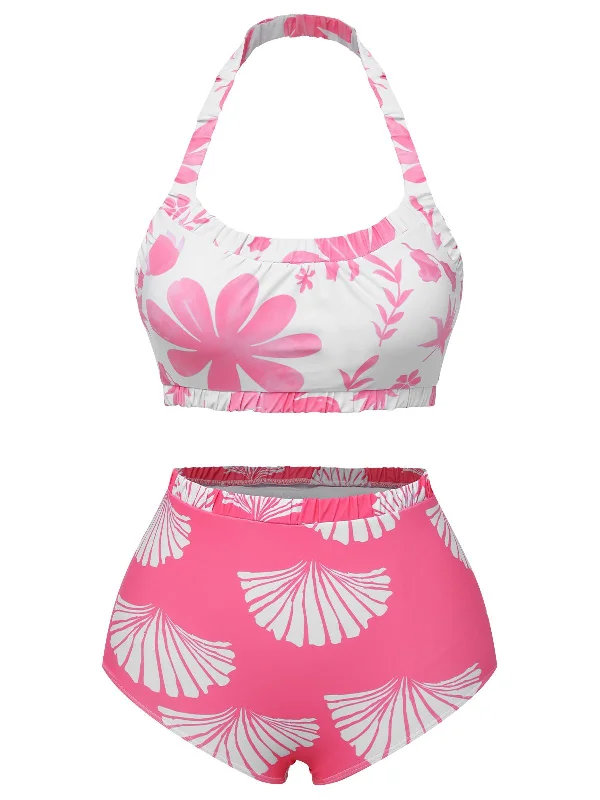 Fashion Essentials Pink 1930s Floral Elastic Gathers Halter Swimsuit