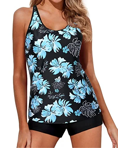 Fresh Styles, Fresh Deals Athletic Two Piece Tankini Set For Women Boy Shorts Swimwear-Black Blue Floral