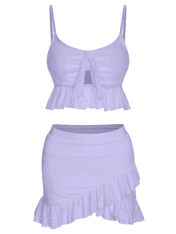 Father's Day Deals 1950s Spaghetti Strap Solid Ruffles Swimsuit & Cover-Up