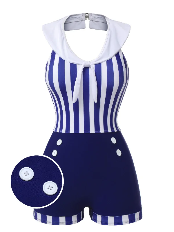 City Fashion Navy Blue 1950s Striped Navy Collar Swimsuit