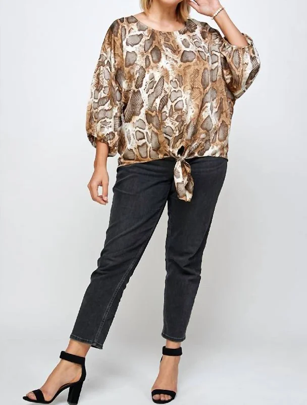 Special Offer Tie Front Blouse Plus In Brown Animal Print