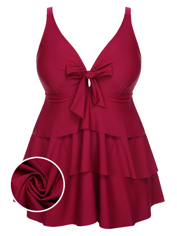 Catch Every Fashion Trend [Plus Size] 1950s Solid Front Tie Ruffle Swimsuit