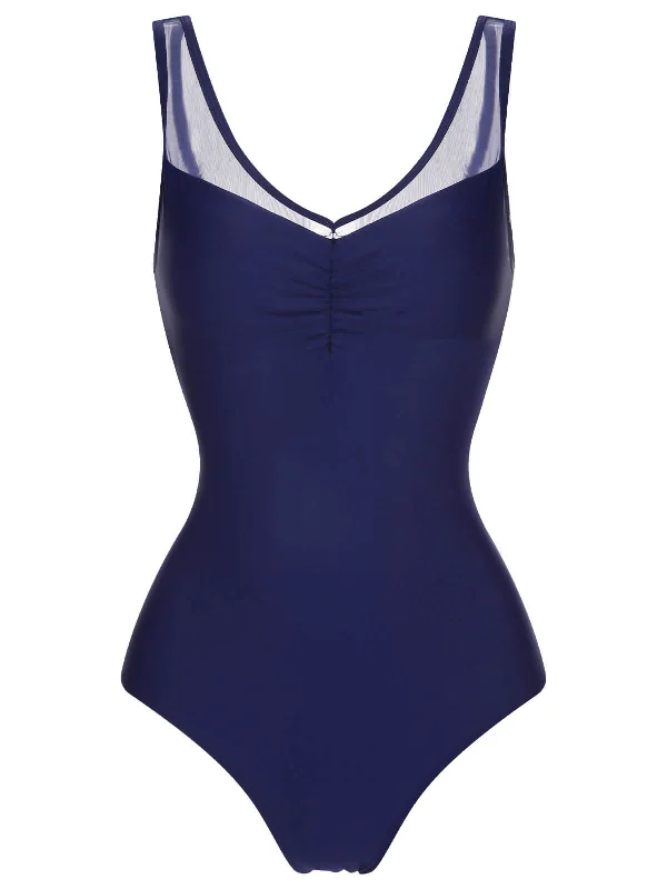 Gorgeous Glamour Collection Deep Blue 1930s Solid Back Cross Swimsuit