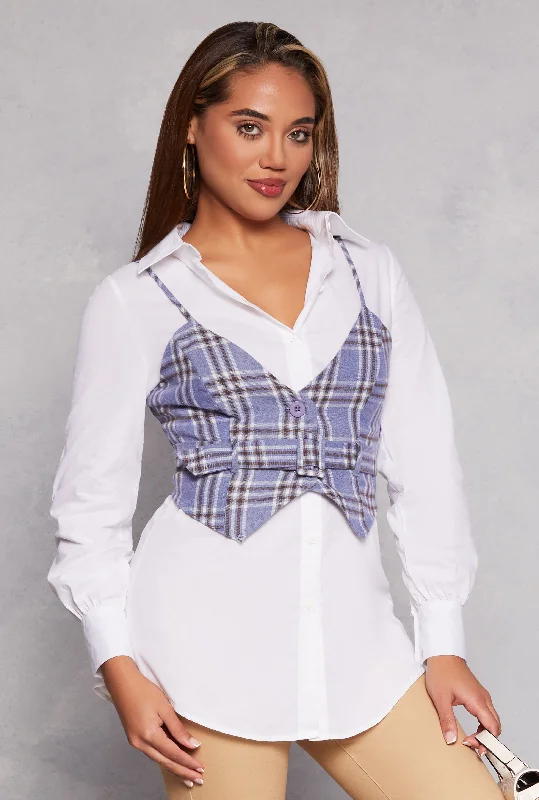 Clearance Event Haute Monde Long Sleeve Shirt with Plaid Vest