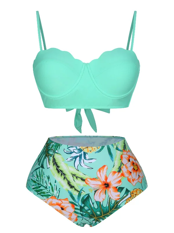 Stylish Looks 1960s Tropical Plant Back Strap Swimsuit