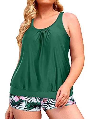 Sophisticated Outfits Adjustable Strap Plus Size Tankini Tops Swim Shorts For Women-Green Tropical Floral