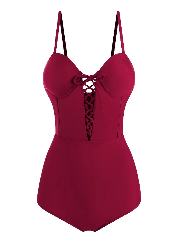 Comfort First Women's Wear Wine Red 1960s Solid Spaghetti Strap One-piece Swimsuit