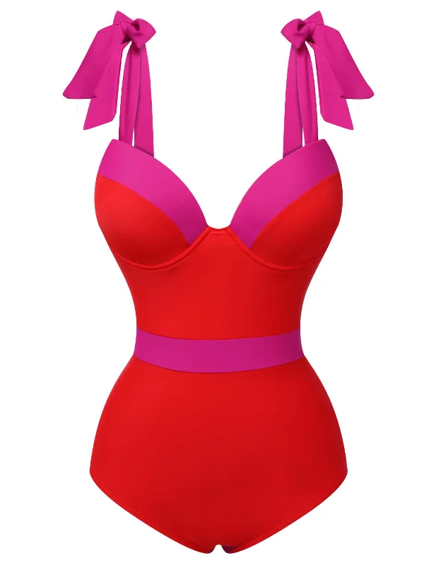 Day-To-Night Styles Red 1950s Colorblock Shoulder Tie-Up Swimsuit