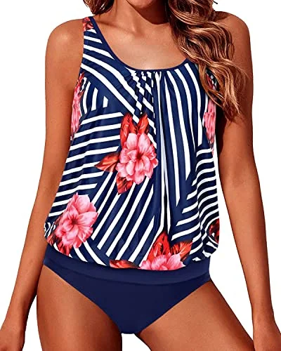 Premium Style Push Up Sewn-In Bra Cups Ladies Swimsuits Tankini-Blue Floral