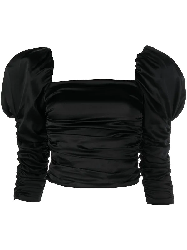 Sustainable Fashion Extravaganza Katrice 3/4 Puff Sleeve Square Neck Ruched Top Blouse in Black