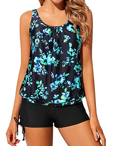 Redefining Women's Style 2 Piece Blouson Tankini Swimsuits For Women Boyshorts-Black Blue Floral