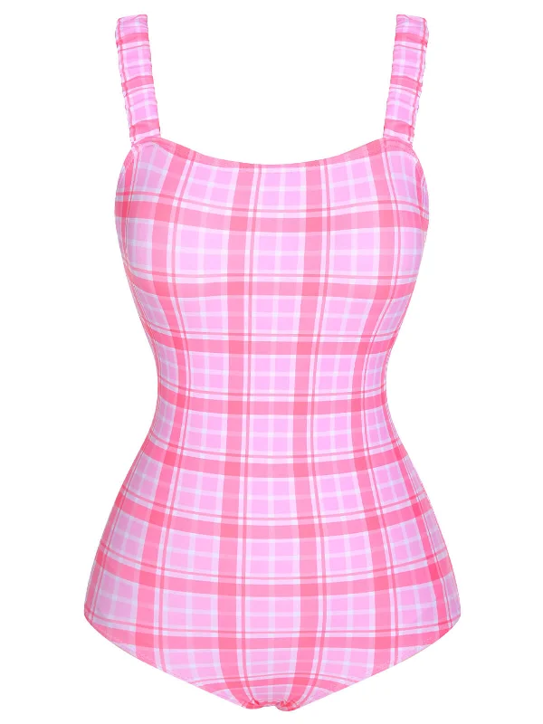 Early Access To Art Deco Styles Sale 1950s Plaid Elastic Gathers One-Piece Swimsuit