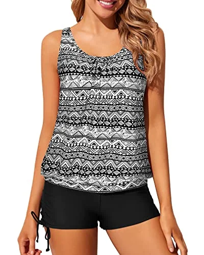 Relaxed Style Teens And Juniors Modest Blouson Tankini Swimsuits-Black Tribal