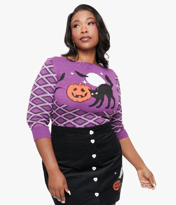 Elegant Clothing Smak Parlour Plus Size Purple Plaid & Black Cat Sweater