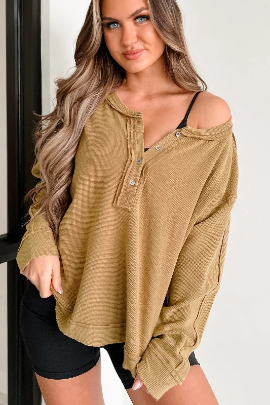 Limited Stock Odette Long Sleeve Oversized Thermal Top (Dark Khaki)