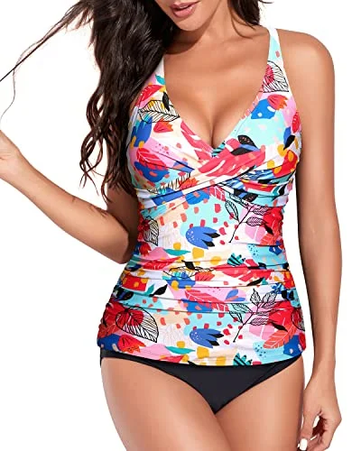 Shop Sales Twist Front Cross Back Two Piece Tankini Bathing Suits For Women-Colorful Leaves