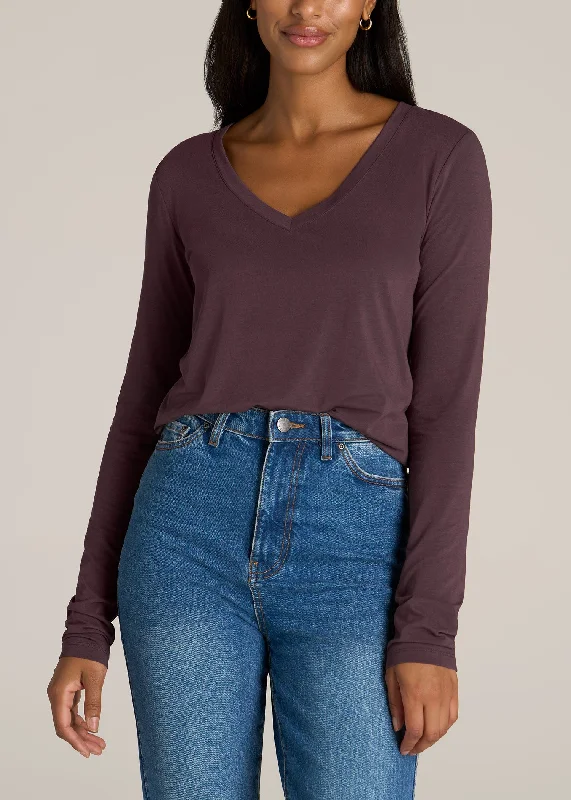 Sustainable Fashion Extravaganza Long Sleeve Scoop V-Neck Tee Shirt for Tall Women in Merlot