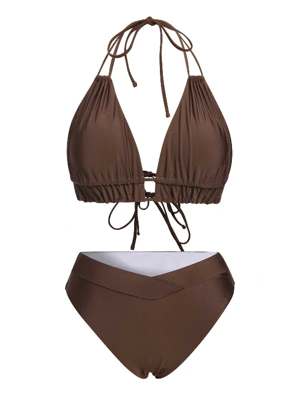 Contemporary Elegance Brown 1960s Halter Solid Swimsuit