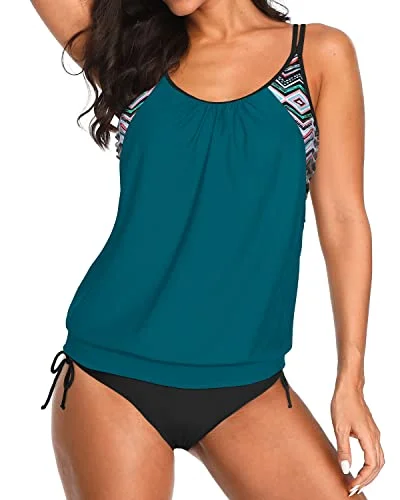 Chic Style Women's Athletic Two Piece Bathing Suits 2 Piece Blouson Tankini-Teal