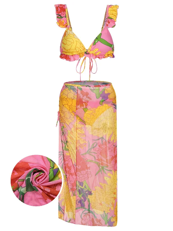 Chic Styles 3PCS 1950s Pink Floral Swimsuit Set