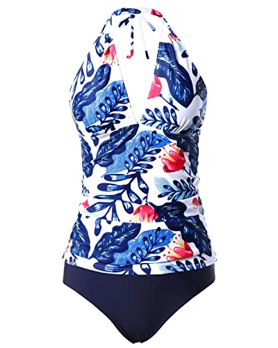 Chic Trends Unveiled Sexy And Cute Open Back Swimsuits Floral Bikini Bottom Two Piece Tankini-White And Blue Floral