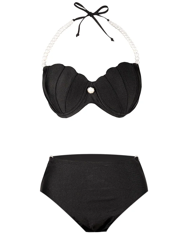 Evening Looks Black 1960s Shell Pearl Halter Bikini Set