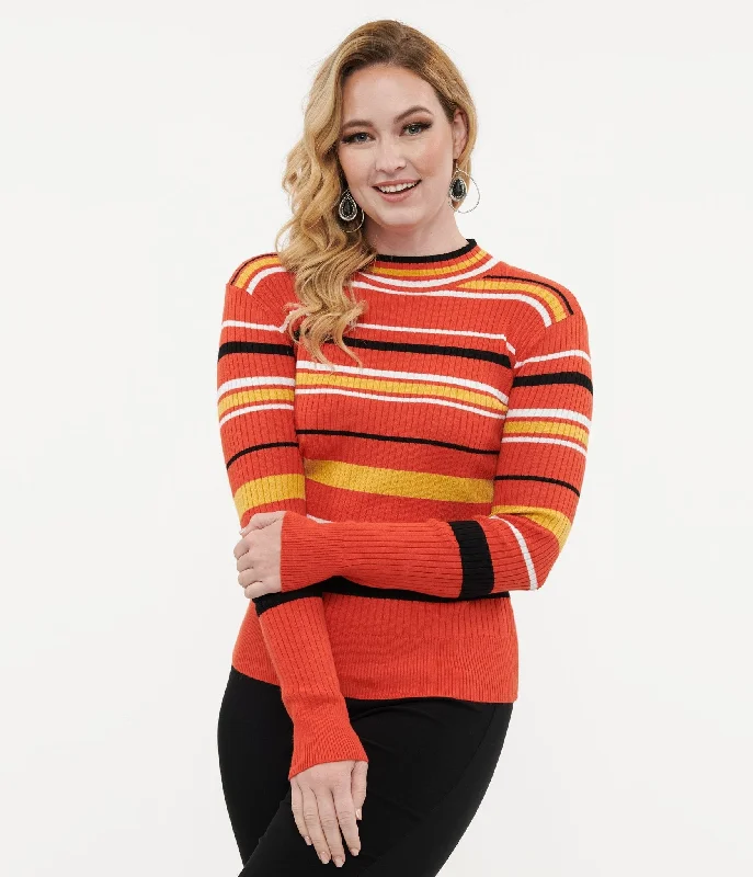 Sporty Streetwear Voodoo Vixen 1970s Orange Striped High Neck Sweater